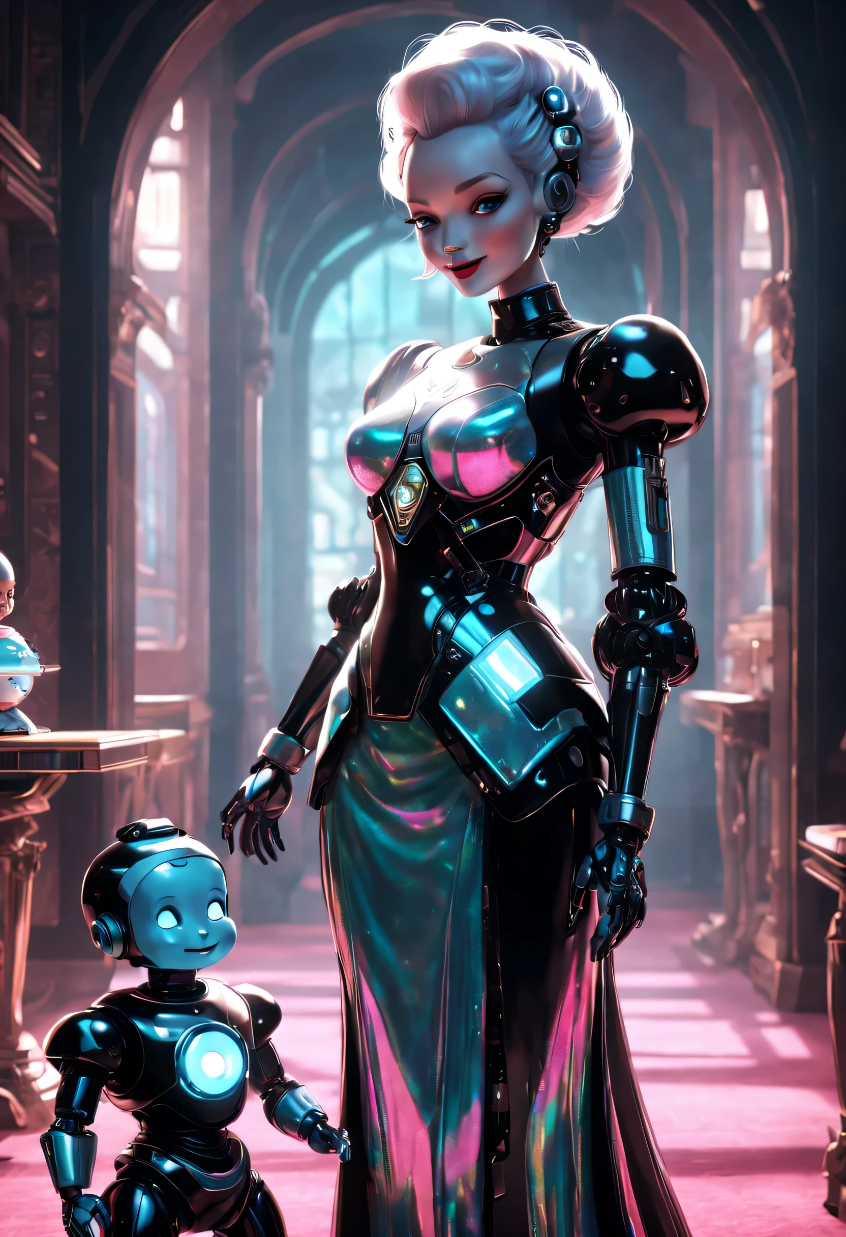 Future character design，Retro-Future，(Robot butler wearing holographic retro dress smiling and looking at beautiful human baby in cradle)，Beautiful sci-fi palace，完美机器人Future character design, scientific fiction, Black technology, 3D, cyber punk style