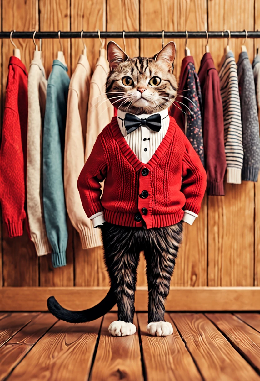 Use your imagination，A cat wearing a red sweater，Wearing a black bow tie，Standing with feet on wooden floor，anthropomorphic cat，very fashion，The background is a neat row of clothes hangers and fashion magazines。