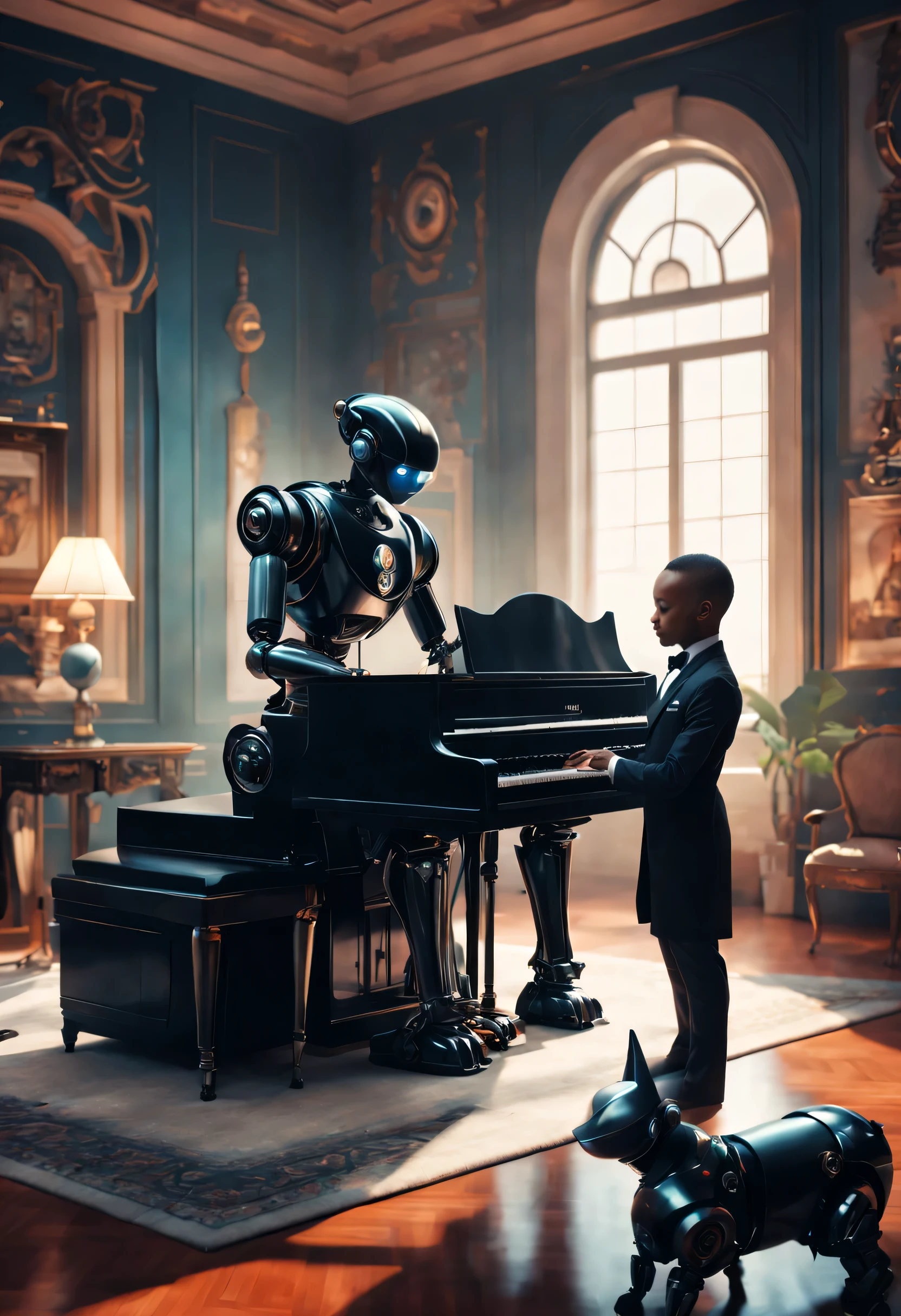 Retro-Future: (Robot butler in retro costume plays piano with baby in surreal living room)，Beautiful sci-fi palace，Perfect robot future character design, scientific fiction, Black technology, 3D, cyber punk style