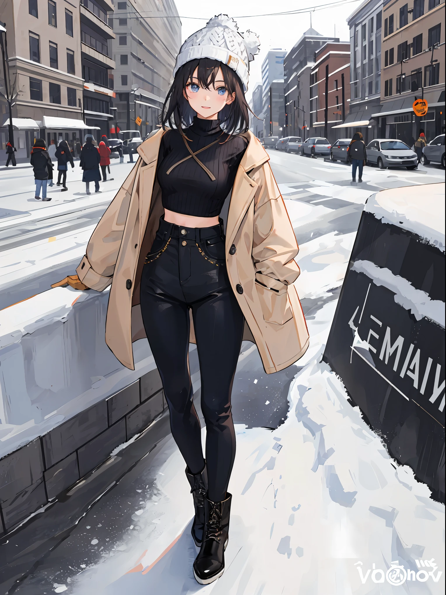 1girl, short brown hair, blue eye, small ,  cream colored sweater, faux leather leggings, lace up booties, beanie hat, winter gloves, winter, city street, snow, snowflake, scenery, standing, cute pose, cute smile,