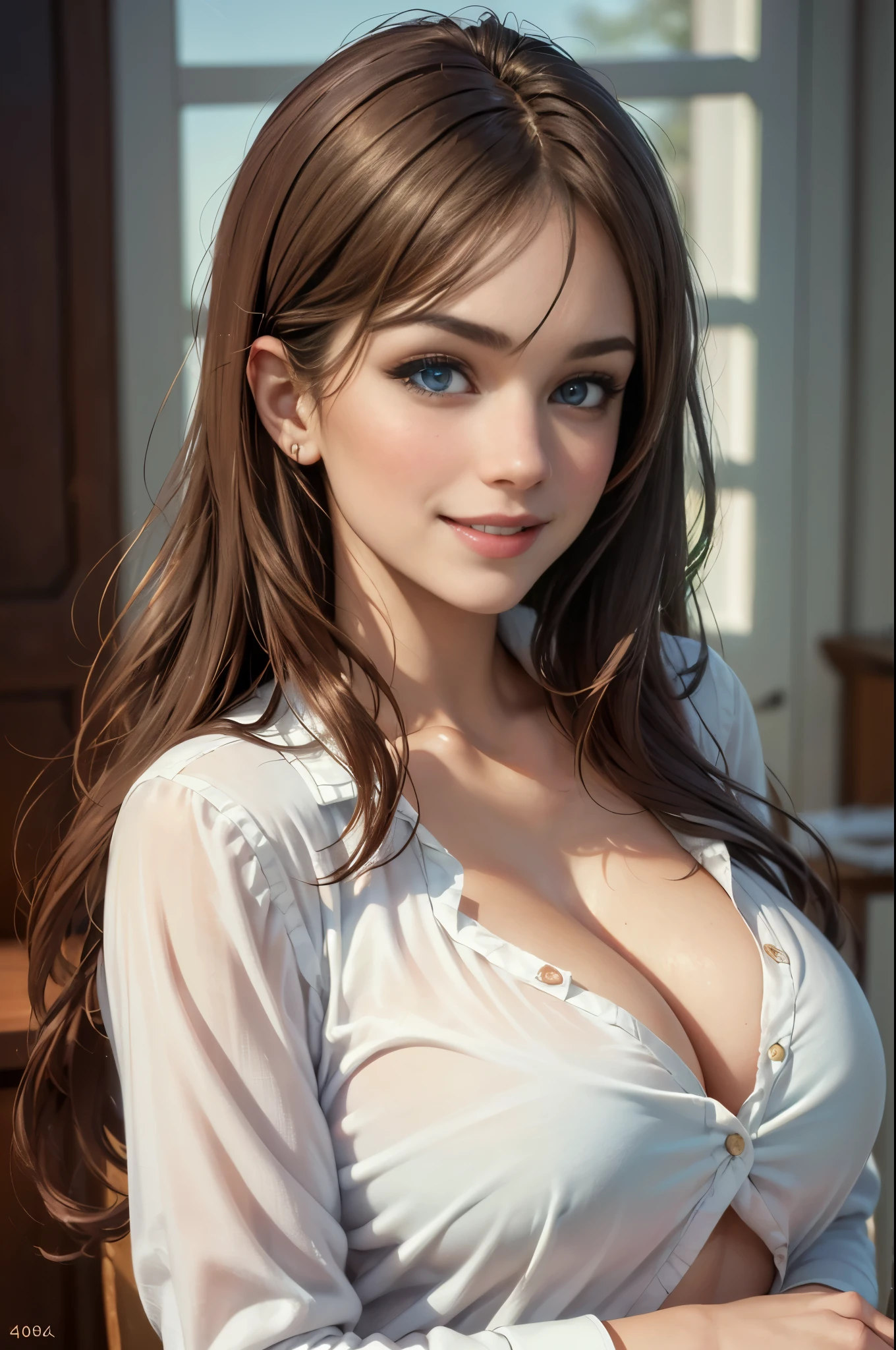 (Best quality, 40k, Masterpiece:1.3), (realistic), (1girl), (Pretty woman in her 20s), white y-shirt with open buttons) huge breasts, cleavage, long brown hair, bangs, navel, detailed blue eyes, open chest wide, happy face, blush, smile, (upper body), (room with beautiful sunlight), (professional lighting)