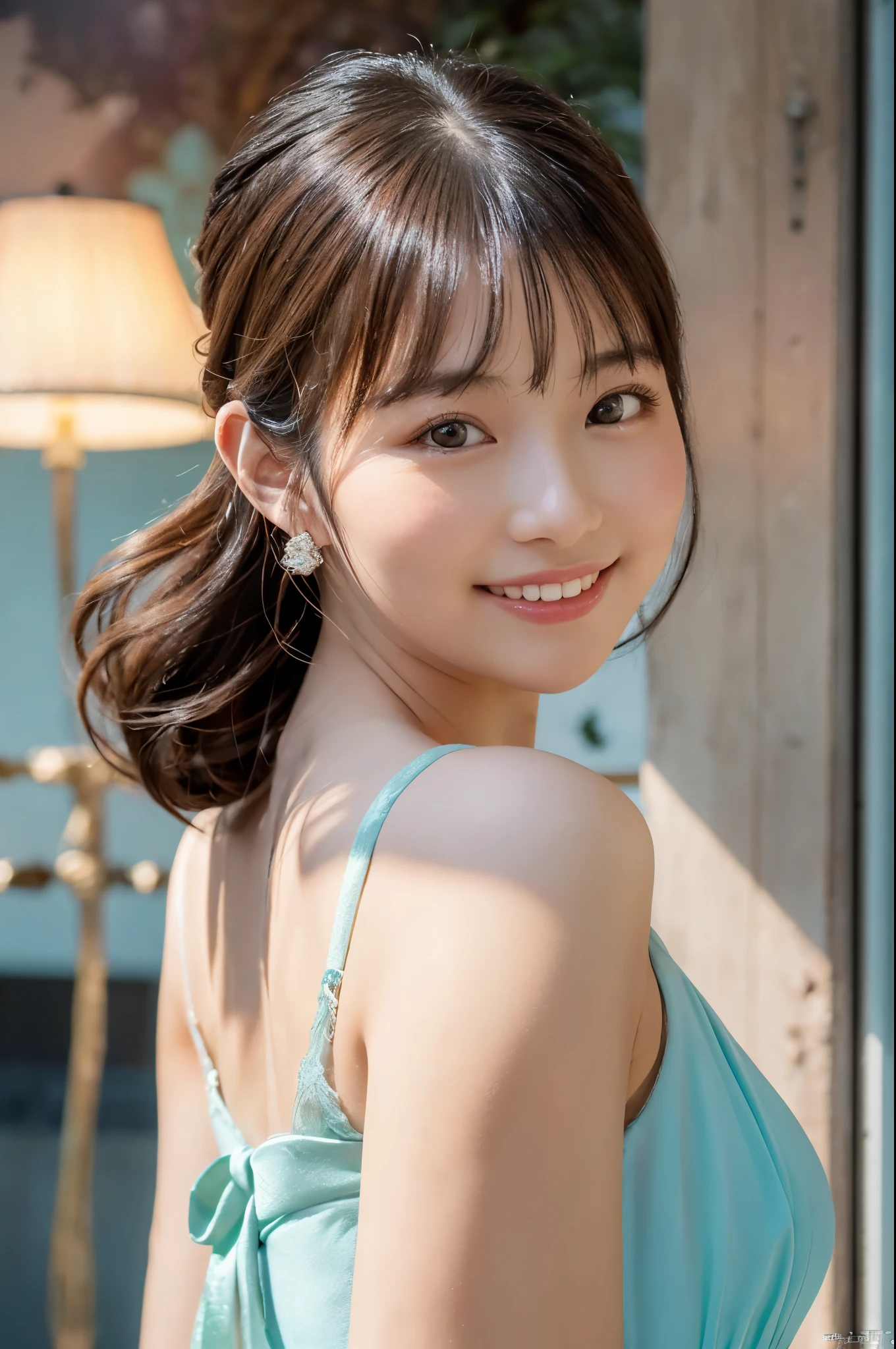 ulzzang -6500-v1.1, (Raw photo:1.2), (Photorealsitic), a beautiful detailed girl, (Real: 1.4), ighly detailedな目と顔, beatiful detailed eyes, (((Upper class girl in elegant formal dress of random color:1.3)))、(Ultra-realistic pantyhose:1.2), (high-heels:1.2), (I keep my hair up and short)、 (Very affectionate smile:1.2)、huge filesize, hight resolution, ighly detailed, top-quality, [​masterpiece:1.6], illustratio, ighly detailed, nffsw, finely detail, top-quality, 8k wallpaper, Cinematographic lighting, 1girl in, , perfect body type, cute droopy eyes beautiful big eyes、Pieckfinger, ((masutepiece)), Best Quality, 1girl in, eye shadow, Upper body, Portrait, ((FULL BODYSHOT:1.2))、