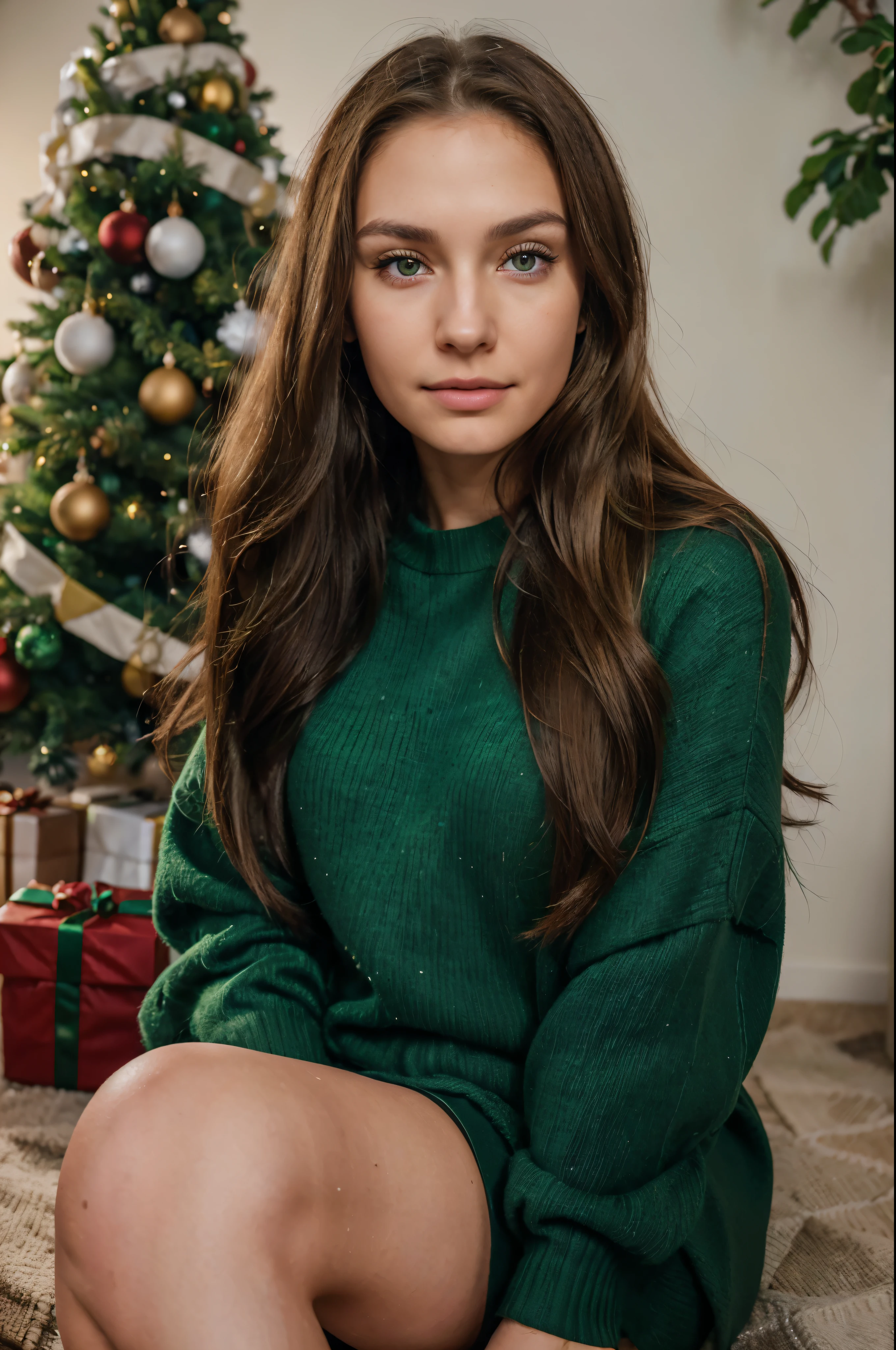 20years old (hyper realistic)) Girl ((Happy)) cute with (long dark blond hair) (beautiful nose)) ((cheekbones)) with (глаwithа withеленого цвета) , photo,Жесткая вспышка photoаппарата, christmas sweater, mood for instagram, Ультра раwithрешение, (Photorealist: 1.4), 8K, topquality, Деталиwithированные фоны ((Christmas tree)), gentle sweet face, natural makeup, photo RAW, iPhone, HDR, flirting with the viewer, ((I'm sitting and holding a gift: 1.3))