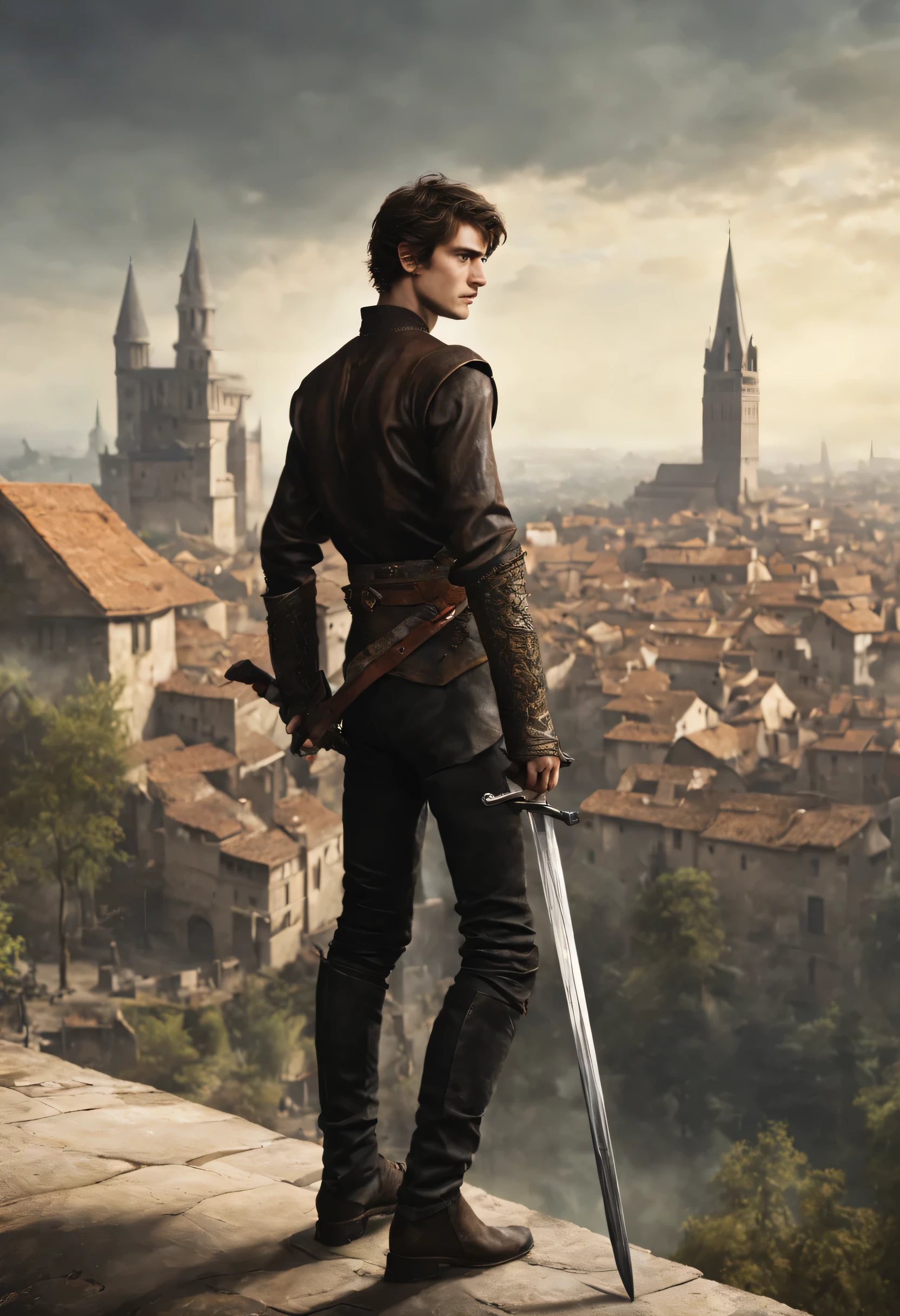 A 19 year old man, delgado, with aquiline nose, Camisa de cuero, pantalones negros, Botas, en primer plano el hombre sostiene una espada, al fondo se puede ver una ciudad medieval.
