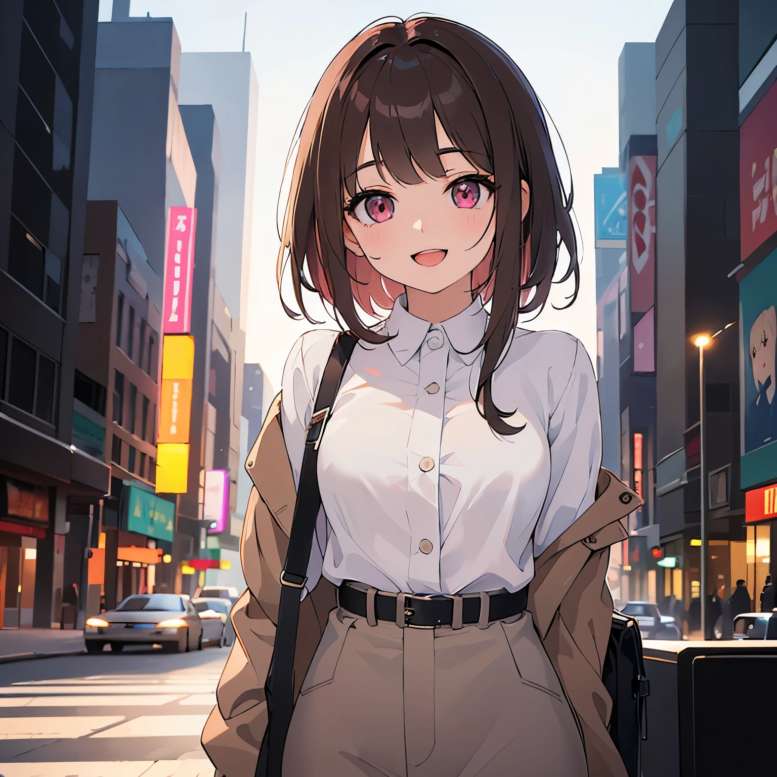 ​masterpiece、top-quality、 A 25-year-old woman with medium hair and pink eyes with brown bangs.、Wearing a gray suit、white  shirt、(smile:1.3)、open mouth, is standing、background is city at night、Bold composition、Upper body is shown、Alone、
