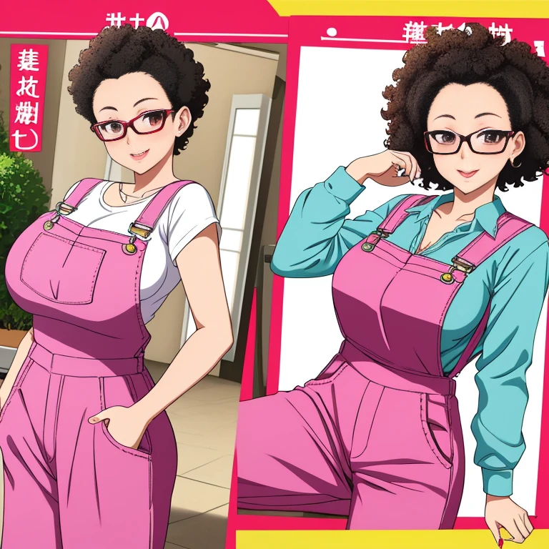 masutepiece, Best Quality:1.2),Detailed face, Detailed inner corner of the eye、eye glasses、short-haired、Curly hair、Fetishes、afro、Forehead、Large breasts, sexy big ace mail, pink overalls、Overall, Wide pants