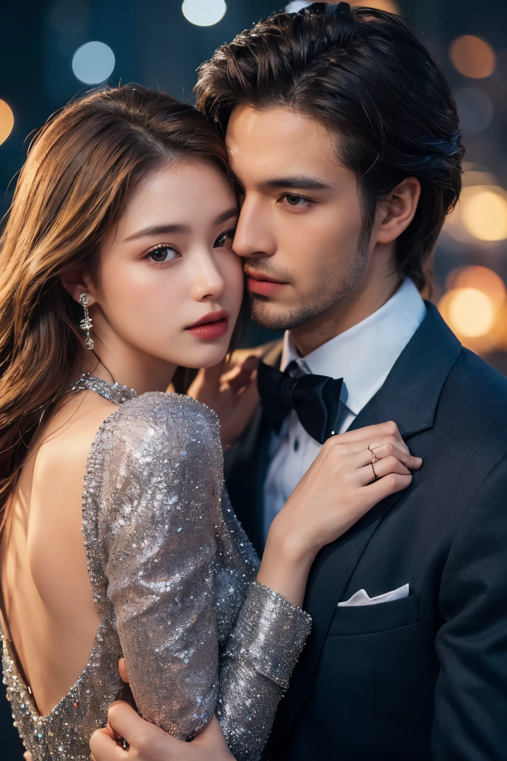 A man and girl,primitive, Masterpiece, ultra fine photos, Best quality, Ultra-high resolution, Realistic, Sunny, full-body portraits, Amazing man, Dynamic posture, exquisite face, Vibrant eyes, Very detailed background, Detailed face, detailed tidy background, Gorgeous, High detail skin, Realistic skin details, Visible pores, Clear focus, volume fog, 8K UHD, Digital SLR, High quality, filmgrain, Fair skin, Realism,(((Handsome man and beautiful girl:1.4)))