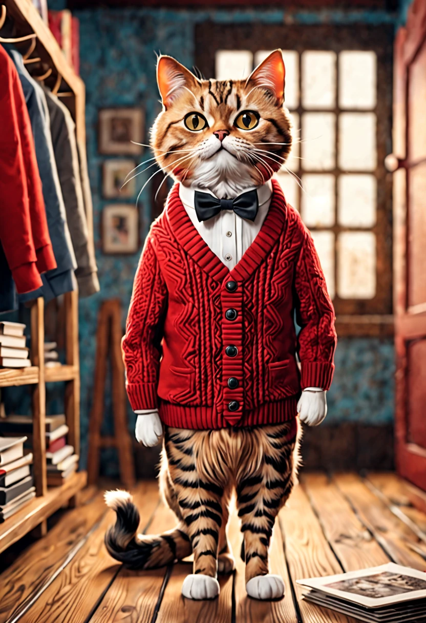 A fashionable cat wearing a red sweater and a black bow tie, standing on a wooden floor, with a human-like appearance. The cat has beautifully detailed eyes, detailed lips, an extremely detailed face, and long eyelashes. The background consists of a row of neatly arranged coat racks and stylish magazines. The cat is depicted in the art medium of a highly detailed illustration, with the highest image quality, such aest quality, 4k, 8k, highres, masterpiece:1.2). The lighting creates a studio-like effect, enhancing the overall composition. The color palette is vibrant and vivid, giving the artwork a lively and eye-catching appearance.
