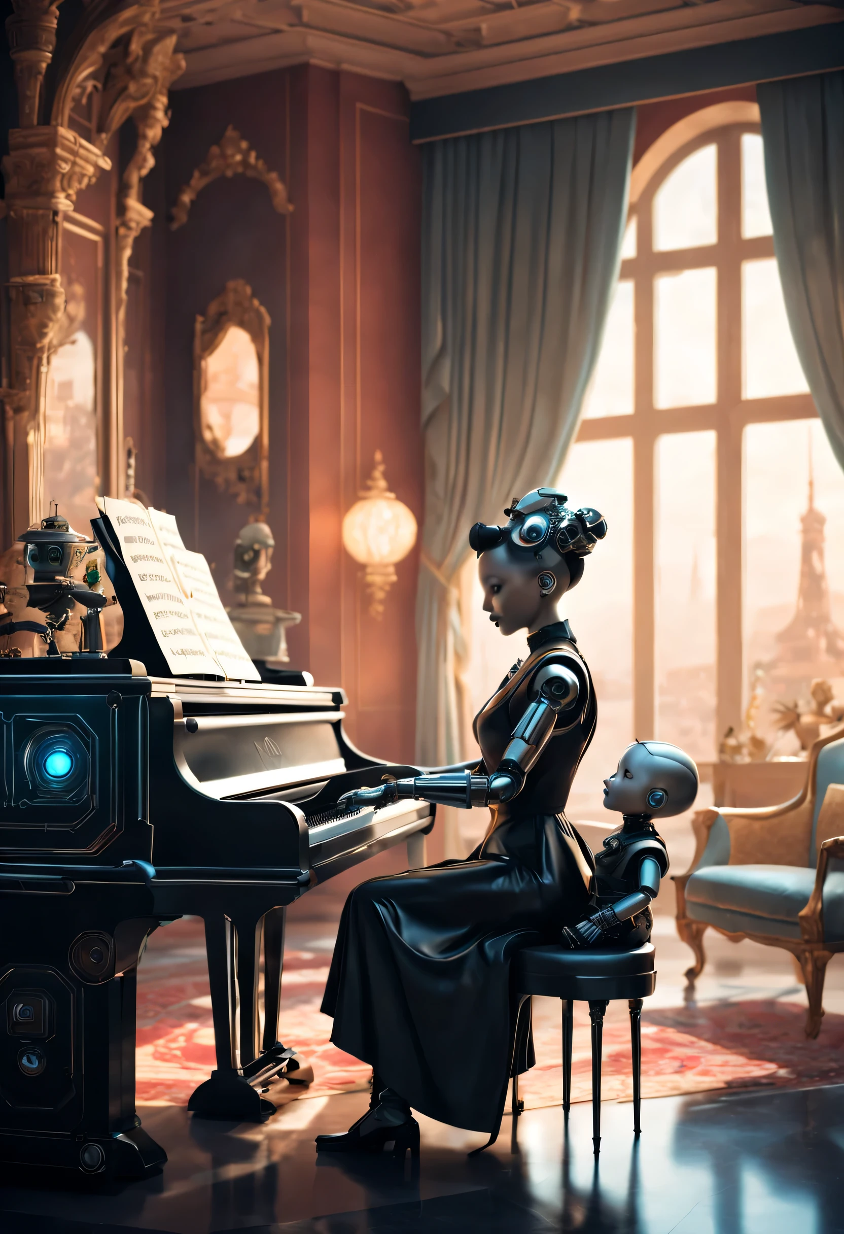 Retro-Future: Robot butler in retro dress plays piano to little baby in surreal living room，Beautiful sci-fi palace，Perfect robot future character design, scientific fiction, Black technology, 3D, cyber punk style