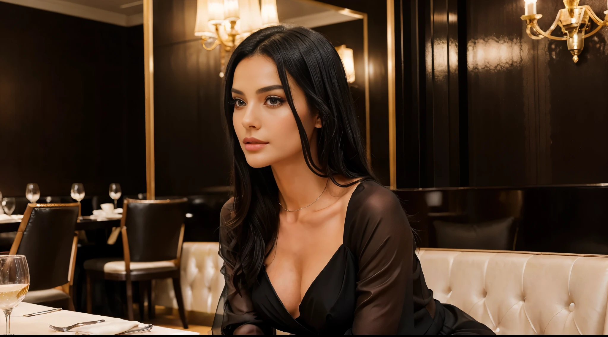 Photography in an elegant restaurant: Woman with soft black hair, falling into light waves, and deep brown eyes, sitting at a table in an elegant restaurant. She is wearing a black evening dress with transparent sleeves, similar to that, what's in the picture. Confident look, makeup is focused on the eyes. She's wearing minimalist silver jewelry, which add sophistication to her image.