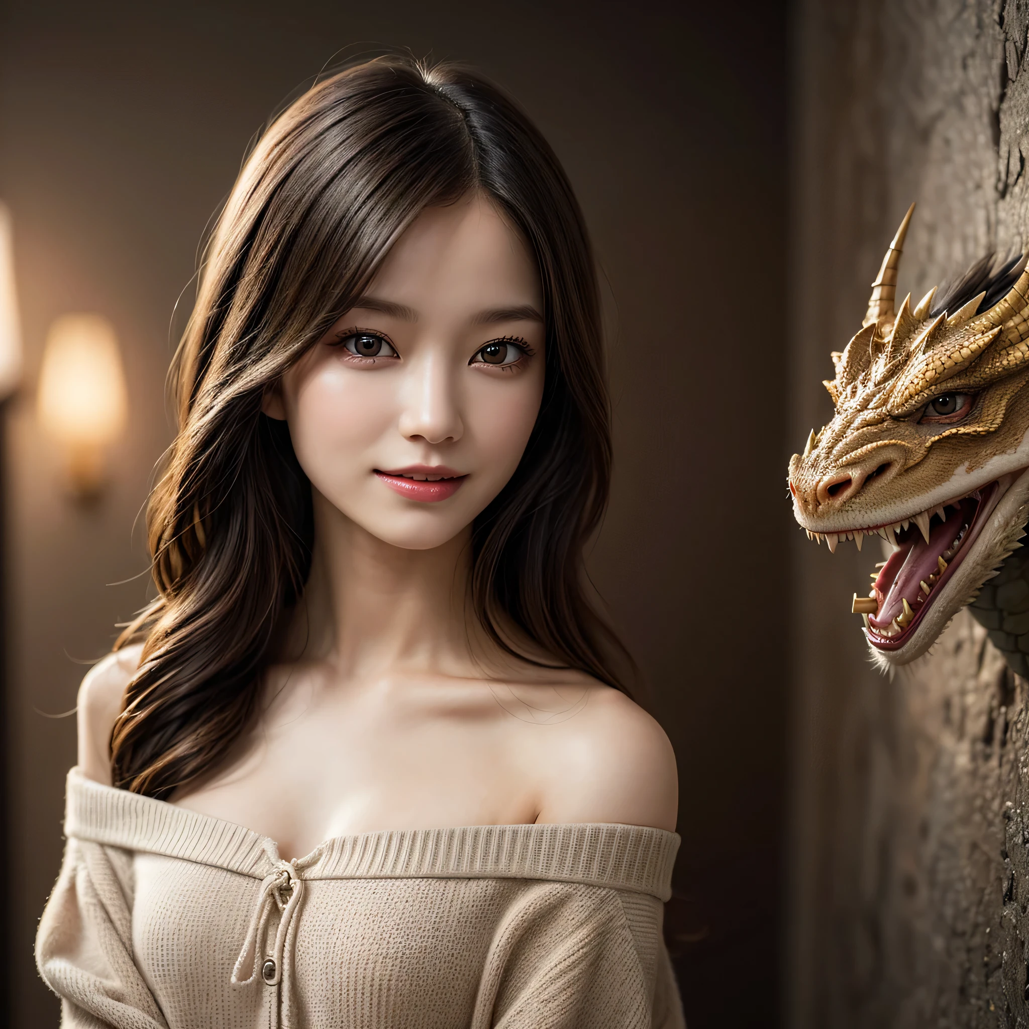 (1girl in:1.3), (Ultra Realistic), (Highly detailed eyes, Highly detailed hair, Highly detailed face, Highly detailed plump lips), Naked, (off shoulders), breasts, Upper body, Happy smile, (Best Quality:1.4), Raw photo, (Realistic, photo-Realistic:1.37), Professional Photography, Cinematic Light, Indoors, (brave dragon wallpaper, amazing dragon wallpaper, dragon painting wallpaper:1.4)