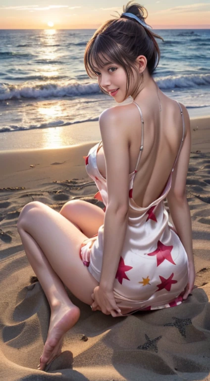 masutepiece, Best Quality, 23years old,Ultra-detailed, finely detail, hight resolution, 8K Wallpaper, Perfect dynamic composition, Natural Color Lip,(She is wearing a short silk star print short dress.:1.2),(Ponytail:1.3),(large full breasts,big butts),drawn action: (The girl is sitting with her legs stretched out,barefoot on the sand 1.3),,(silk star print short dress:1.2)20 years girl,(Full body:1.3),(backs,photographed from the back:1.3),Enjoy the sunset,,((Sexy Pose)),Looking back and smiling,