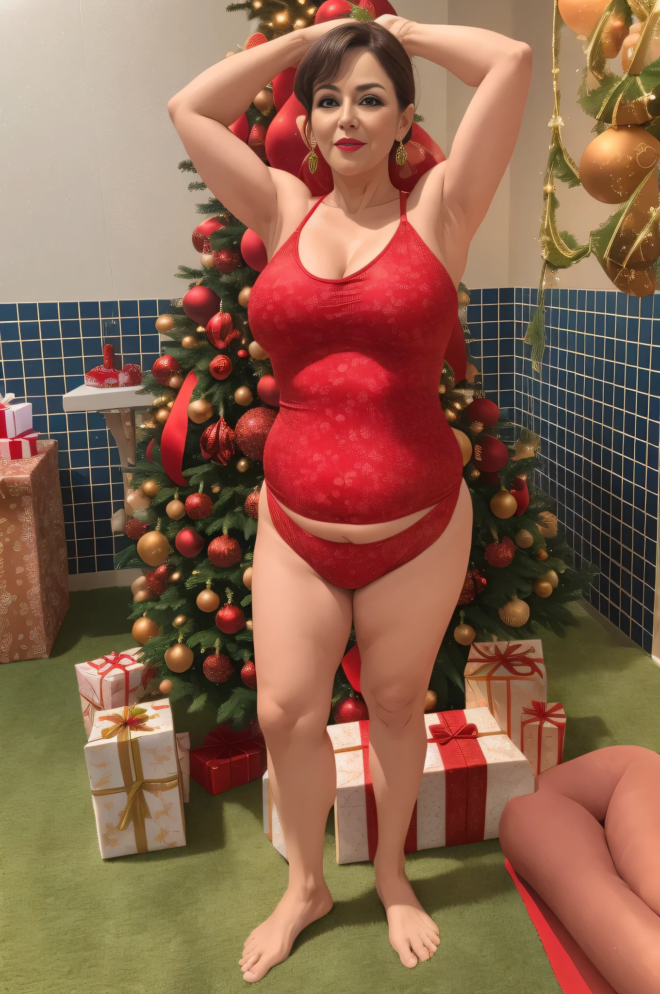 there is an american woman in a red bikini, low water, 39 anos, Standing in front of a Christmas tree, twas brillig, holiday vibe, with a tree in the background, thicc, terno de corpo vermelho, coxas expostas!!!, holiday season, o extremamente quente e sexy, usando uma roupa vermelha.