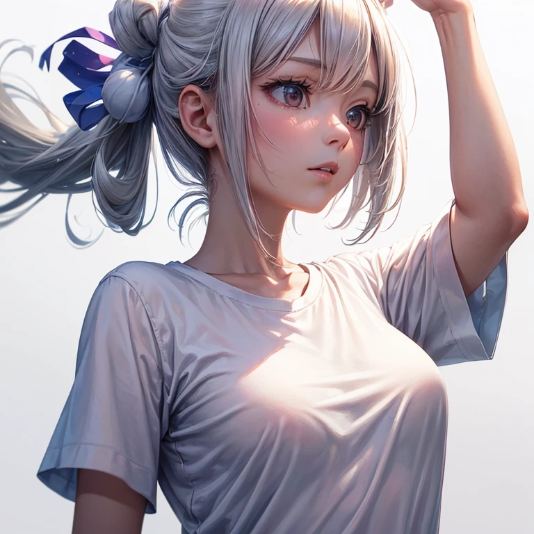 (masutepiece, Best Quality,:1.2), 1girl in, (Solo:1.3), Upper body, White shirt, Short sleeves, , (waifu, Realistic, Real life, exceptional, Best aesthetic, new, newest, Best Quality, masutepiece:1.2), Soft_Lighting, Soft_skin_Tone, feminine_hair, (White background, Simple background,:1.2),