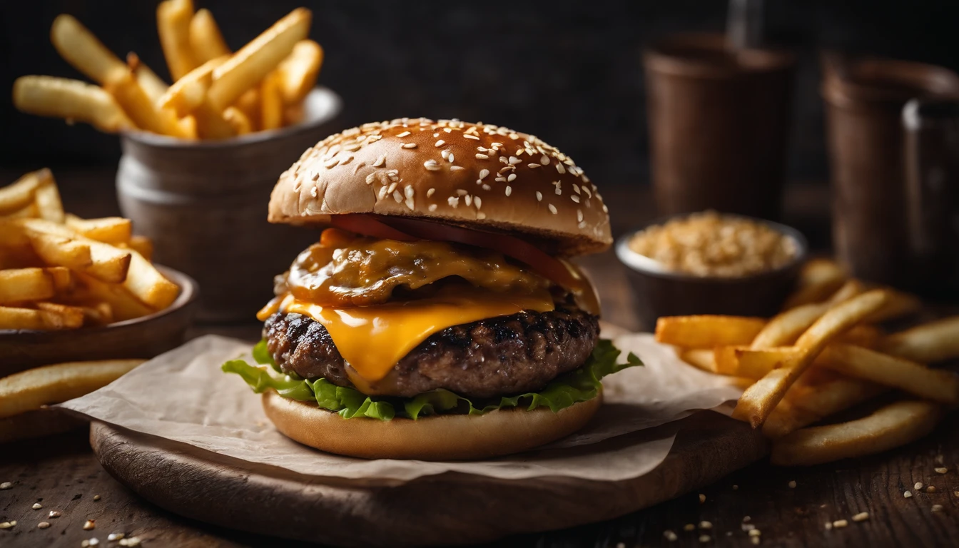 a top-down shot of a cheeseburger on a rustic wooden table, with sesame seeds sprinkled on the bun and a side of crispy golden fries, creating a classic American diner aesthetic