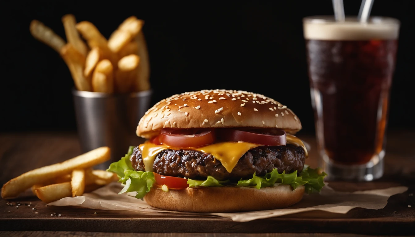 a top-down shot of a cheeseburger on a rustic wooden table, with sesame seeds sprinkled on the bun and a side of crispy golden fries, creating a classic American diner aesthetic