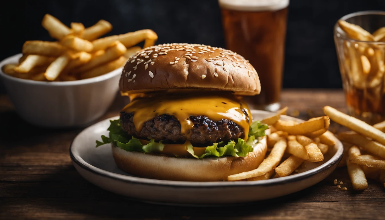 a top-down shot of a cheeseburger on a rustic wooden table, with sesame seeds sprinkled on the bun and a side of crispy golden fries, creating a classic American diner aesthetic