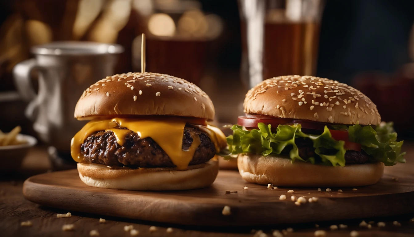 a top-down shot of a cheeseburger on a rustic wooden table, with sesame seeds sprinkled on the bun and a side of crispy golden fries, creating a classic American diner aesthetic