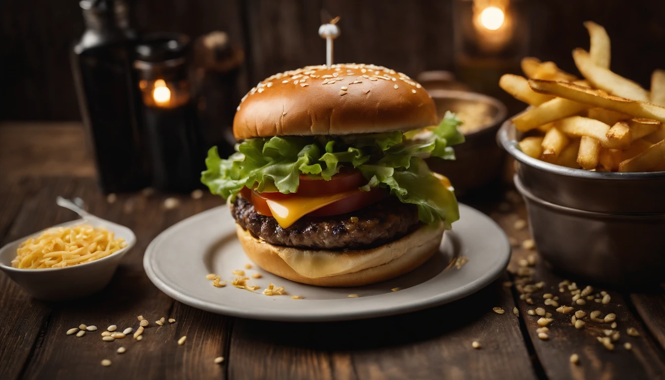 a top-down shot of a cheeseburger on a rustic wooden table, with sesame seeds sprinkled on the bun and a side of crispy golden fries, creating a classic American diner aesthetic
