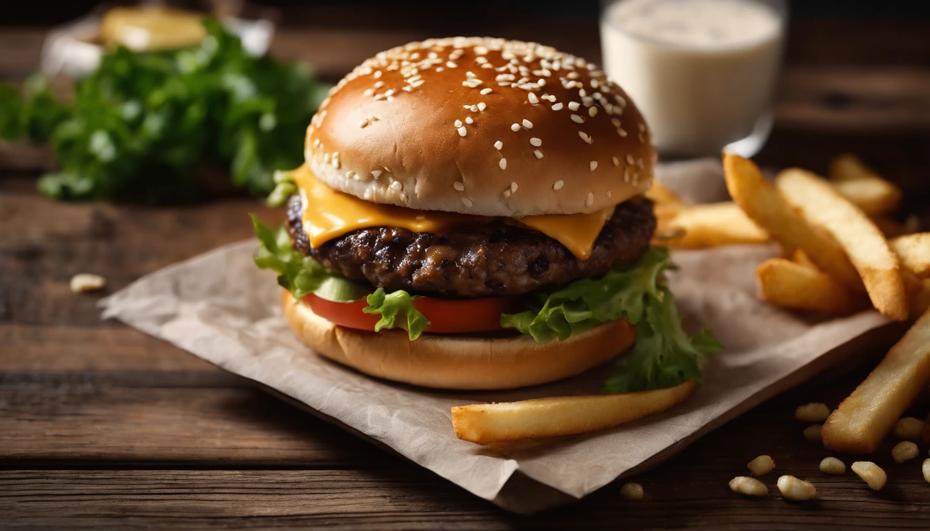a top-down shot of a cheeseburger on a rustic wooden table, with sesame seeds sprinkled on the bun and a side of crispy golden fries, creating a classic American diner aesthetic