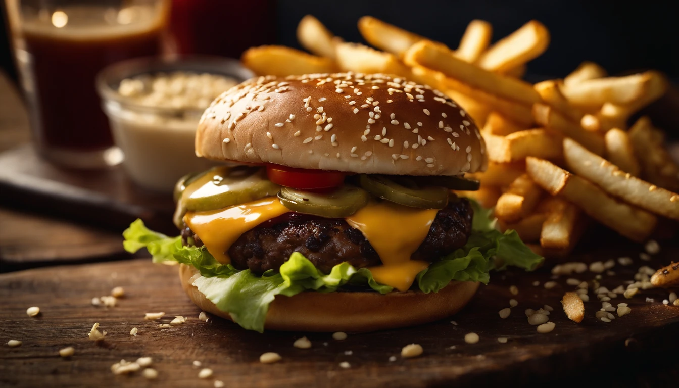 a top-down shot of a cheeseburger on a rustic wooden table, with sesame seeds sprinkled on the bun and a side of crispy golden fries, creating a classic American diner aesthetic