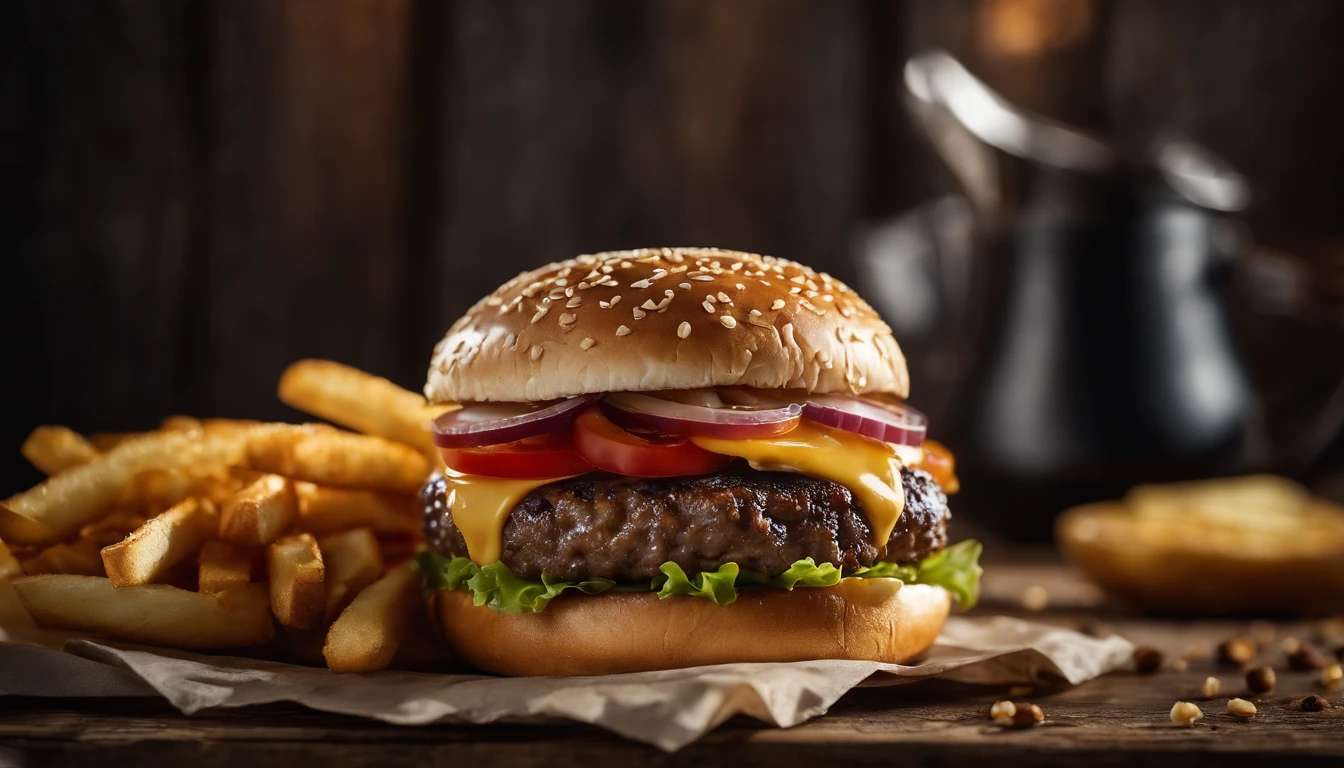 a top-down shot of a cheeseburger on a rustic wooden table, with sesame seeds sprinkled on the bun and a side of crispy golden fries, creating a classic American diner aesthetic