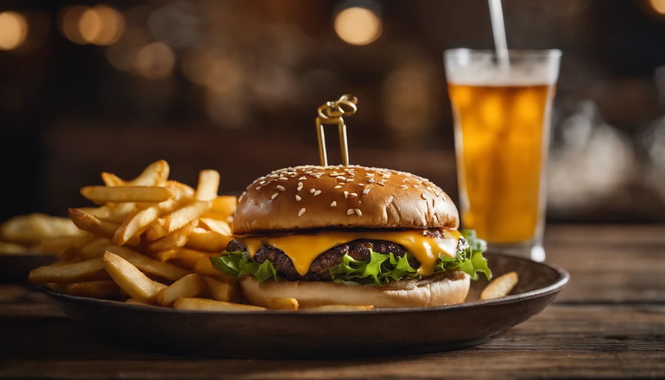 a top-down shot of a cheeseburger on a rustic wooden table, with sesame seeds sprinkled on the bun and a side of crispy golden fries, creating a classic American diner aesthetic