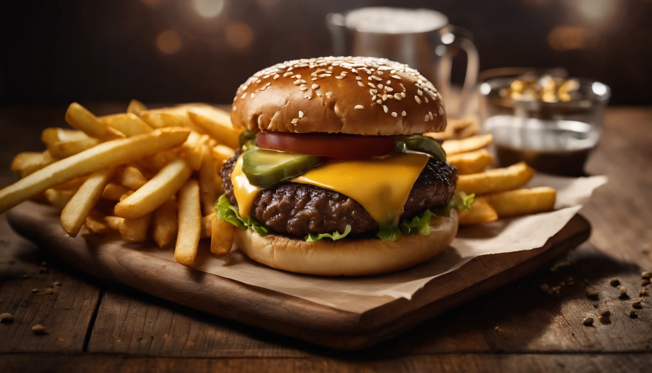 a top-down shot of a cheeseburger on a rustic wooden table, with sesame seeds sprinkled on the bun and a side of crispy golden fries, creating a classic American diner aesthetic