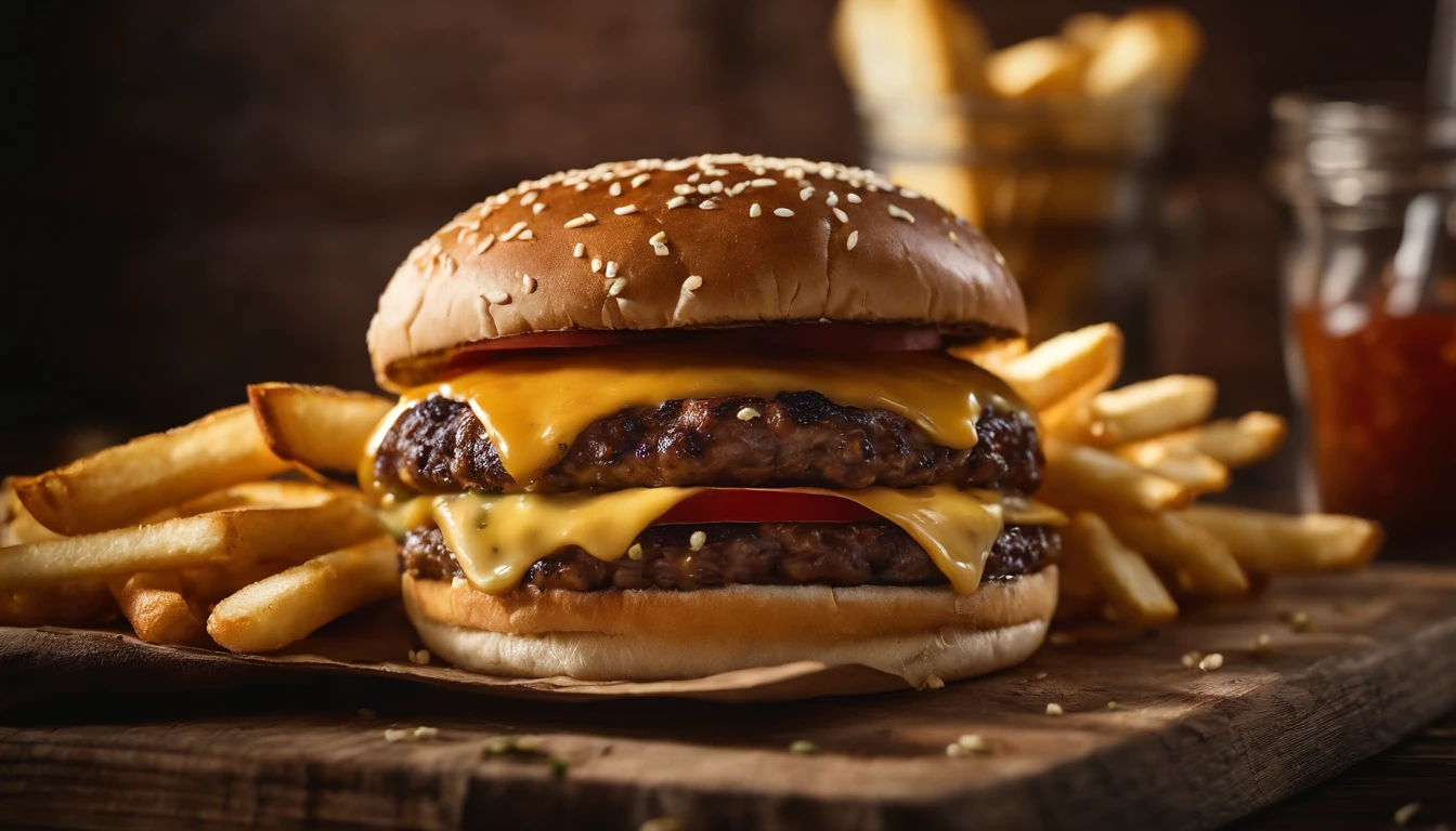 a top-down shot of a cheeseburger on a rustic wooden table, with sesame seeds sprinkled on the bun and a side of crispy golden fries, creating a classic American diner aesthetic