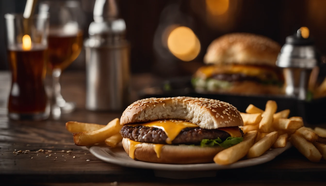 a top-down shot of a cheeseburger on a rustic wooden table, with sesame seeds sprinkled on the bun and a side of crispy golden fries, creating a classic American diner aesthetic