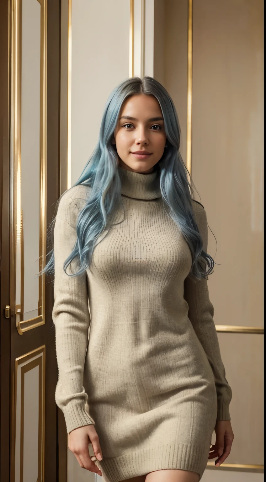 Full body view, 23 year old woman, beautiful woman, light blue hair, long wavy hair, Germany, cute smile, luxury fashion, beige wool jumper, Gucci, boss, fashion, winter in Germany, full outfit, fully clothed in Germany, fully clothed, winter outfit, cute smile, highest quality, ultra realistic, hd, HDR, hyper detailed, , professional photoshoot, cinematic, ultra detailed, beautiful body, visually rich, concept art, luminous, intricate details, subtle colors, extremely detailed, ultra sharp focus, light particles, attention to detail, grandeur and awe, stunning visual masterpiece, double exposure, 32k, photorealistic, strong outlines, cinematographic scene, highest quality