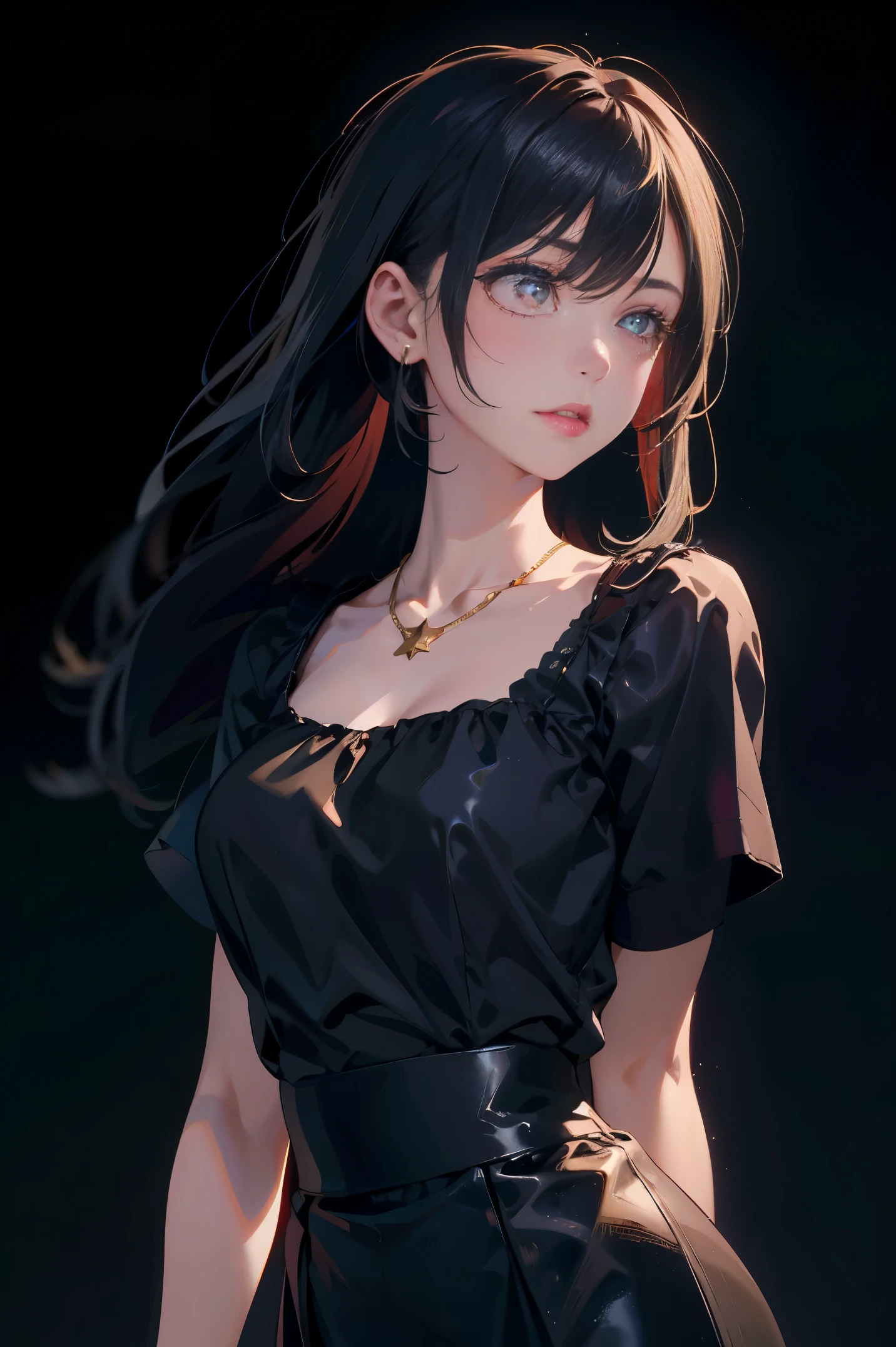 a 20 yo woman、Black blue Hair、poneyTail、(hi-top fade:1.3)、dark themed、Muted Tones、Subdued Color、highly contrast、(natural skin textures、Hyper-Realism、Soft light、sharp)、makeup, mascara, Lips are subdued or colors, simple black background, Minimalism, monotone, simple color palettes, Clean, sharp designs, flowing silhouettes, Tight skirts and pants, high-waisted skirts and pants, simple dresses, shirts and blouses, asymmetrical, geometric, Elegant and luxurious materials and designs, Simple, minimal accessories, Slim necklaces and rings in silver or gold, Simple bangles, Distinctive designs, simple silhouettes, simple and sophisticated style, elegance, minimalism, high quality materials, cool and urban impression, high fashion, simplicity and sophistication,Santa Costumes、Christmas、Christmas cosplay、The background is a Christmas tree、