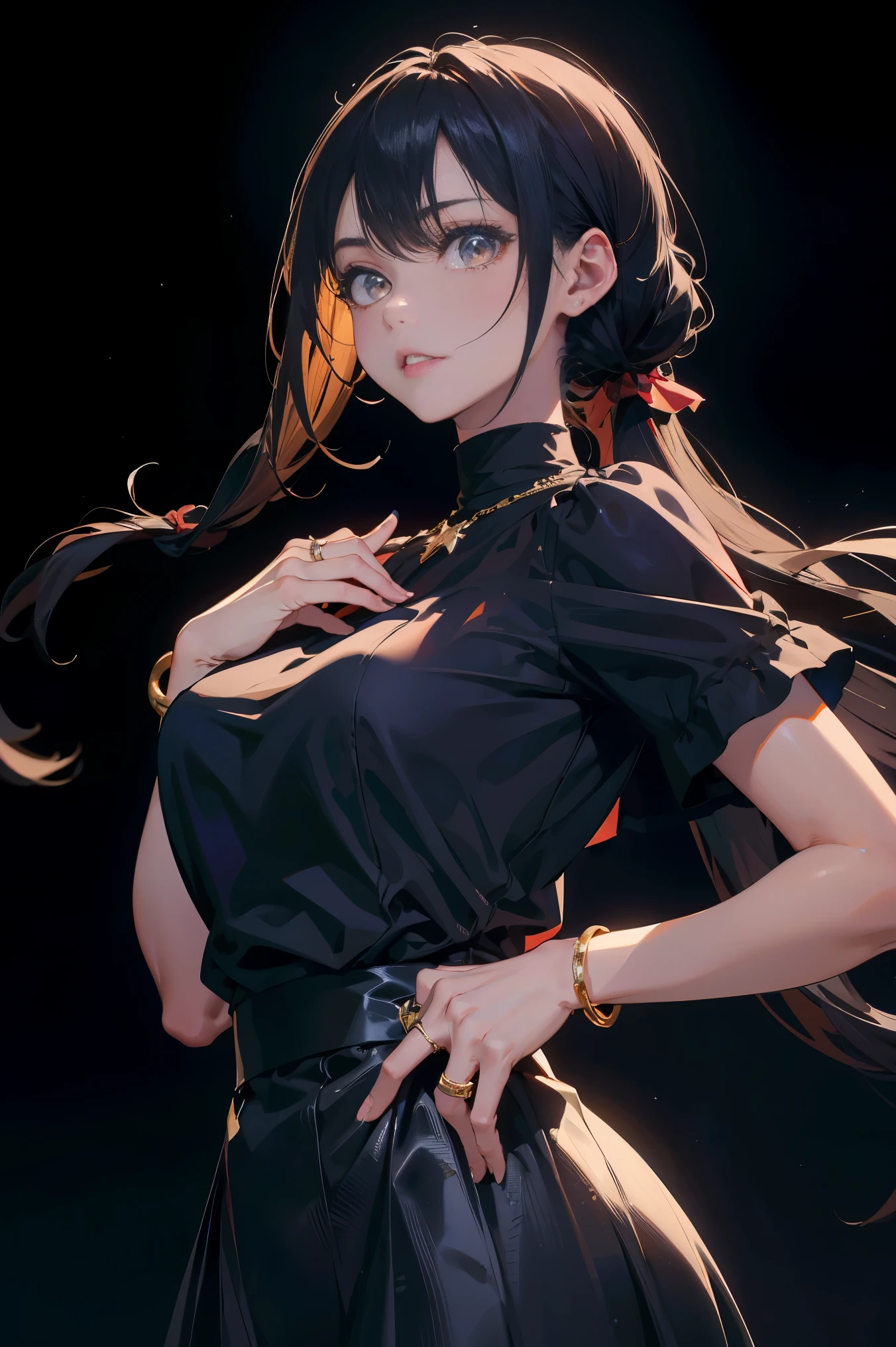 masterpiece, best quality, highres, 1girl,, medium hair, black hair, golden eyes, doing her hair pose, armpits, sweaty, female rover, wuthering waves