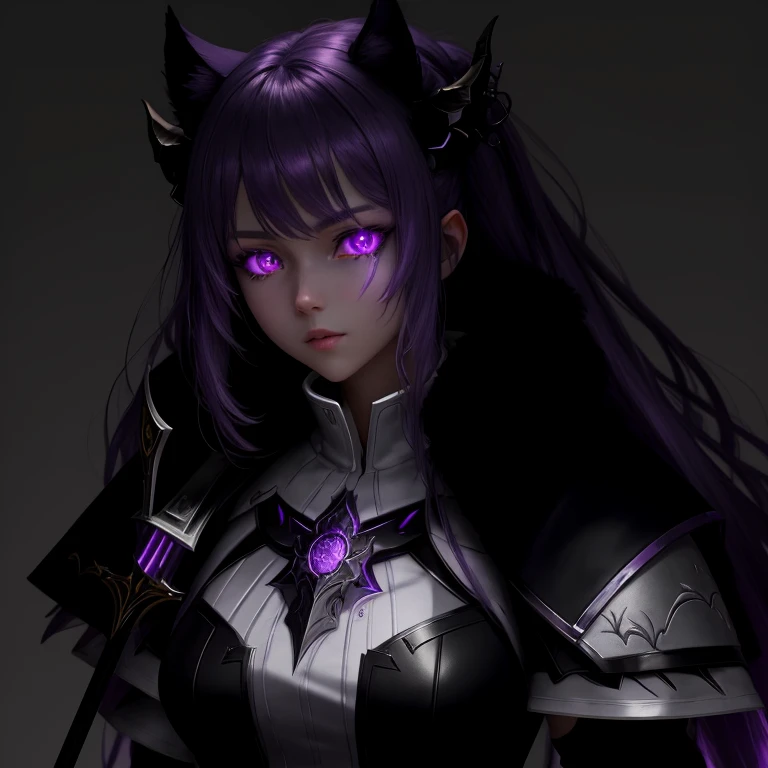 ((masterpiece)), (8k, high_resolution), (best quality), ultra-detailed, mmo game character, purple night background, fantastic art, white hair, white clothes, lineage 2, woman holding sword, cinematic lighting, metall armor, woman wearing armor, best art, full body, front view, awesome screenshot mmo,girl wearing a cat ear and a purple eye, purple glowing eyes, purple eyes glowing, with glowing eyes, with a purple eyes, with burning purple eyes, demon girl, demon anime girl