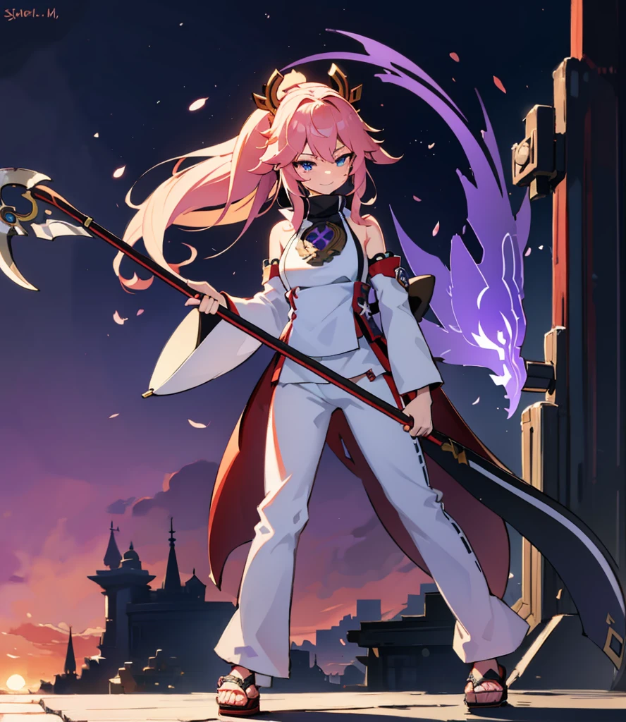 (absurderes、hight resolution、ultra-detailliert)、​masterpiece、top-quality、Girl with a scythe、独奏、shinoa hiragi、Twin-tailed、blue eyess、ear piercinginely eye and detailed face、((Joggers、sweat pant、sandal))、Sickle design、Complex scythe、Fantasy scythe、evil smile、Dramatic skies、Isolated land、looking-down、spark of light、whirlpool、Um ser celestial、Full of elements