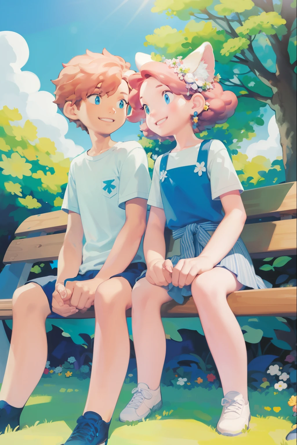 A girl and a boy are sitting on a park bench.  1boy is playing the guitar. smile, happy,   in trees, forests and sunshine. sunshine, the mottled shadows, the blue sky and white clouds.Watercolor style, bright colors, sunny.green high saturation  dappled sunlight, (Colorful)  animal ears,, masterpiece, best quality,