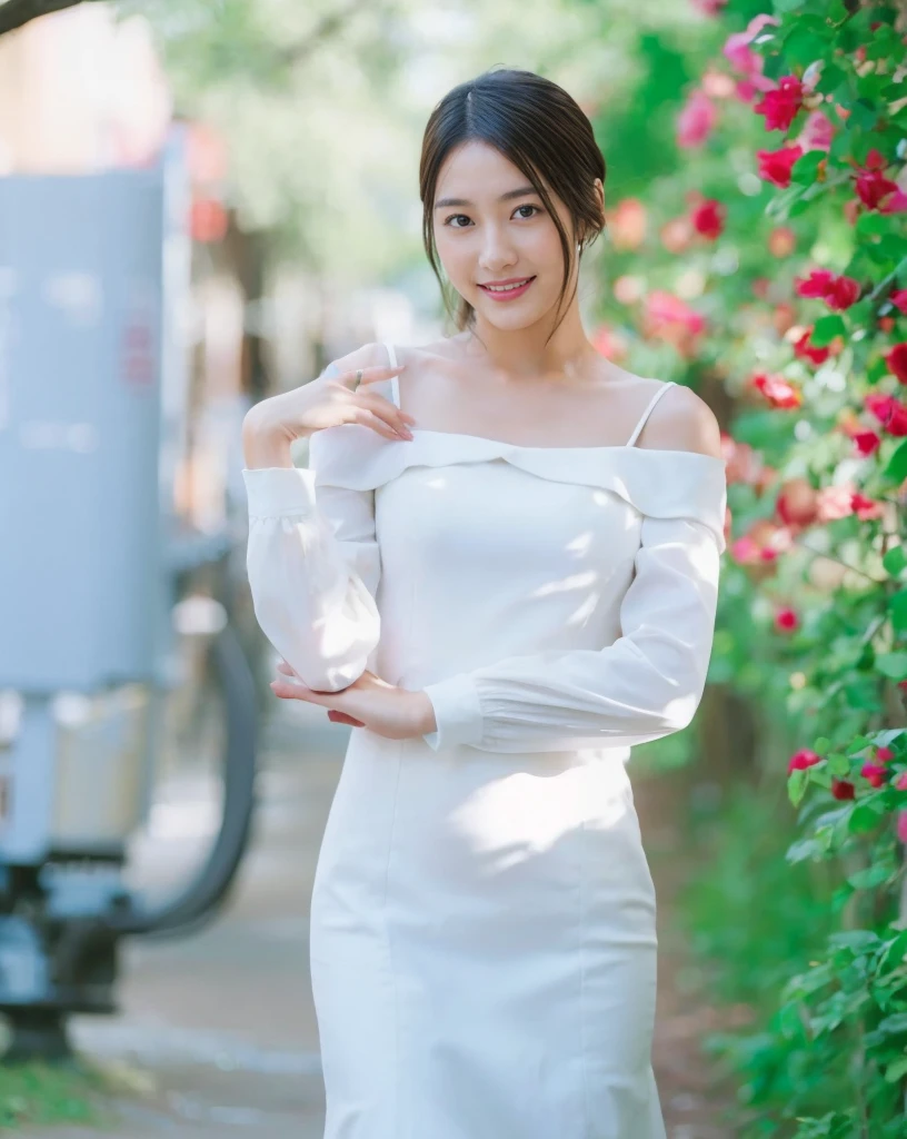 (On a table, Best quality, realistically, ultra - detailed, meticuloso, A high resolution, 8k wallpaper), Close-up portrait of a beautiful woman, Chariada, Smiling, light brown messy hair, Perfect dynamic composition, 美丽meticuloso的眼睛, Just like the cover of a fashion magazine, On campus