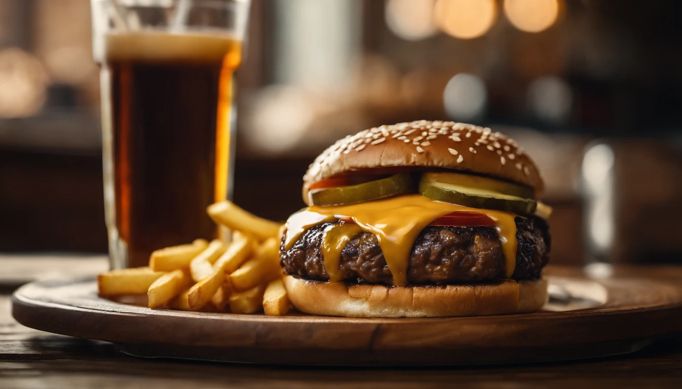 a top-down shot of a cheeseburger on a rustic wooden table, with sesame seeds sprinkled on the bun and a side of crispy golden fries, creating a classic American diner aesthetic