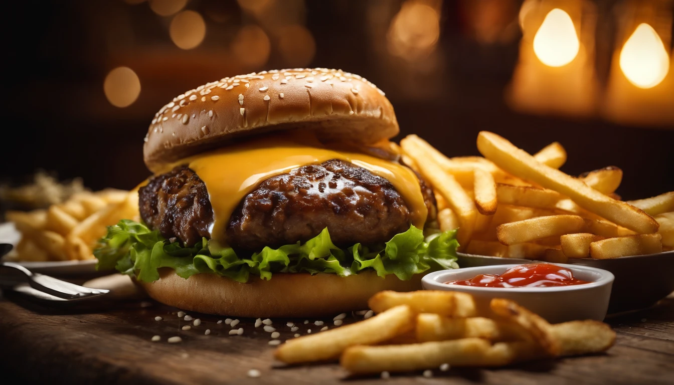 a top-down shot of a cheeseburger on a rustic wooden table, with sesame seeds sprinkled on the bun and a side of crispy golden fries, creating a classic American diner aesthetic