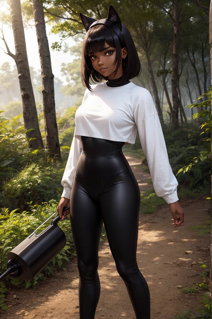 beautiful young warrior with cat ears on her head, com rosto bem detalhado e bonito, belos olhos, belos olhos, rosto lindo, beautiful young woman wearing long brown leggings with black details, sueter apertado branco, Standing in a forest, usando bota preta, cabelo comprido com franja preto, ,orelhas de gato, belo sorriso, tomboy, um pouco musculosa,suter branco com cinta em volta, olhar serio,usando brazer apertado preto
