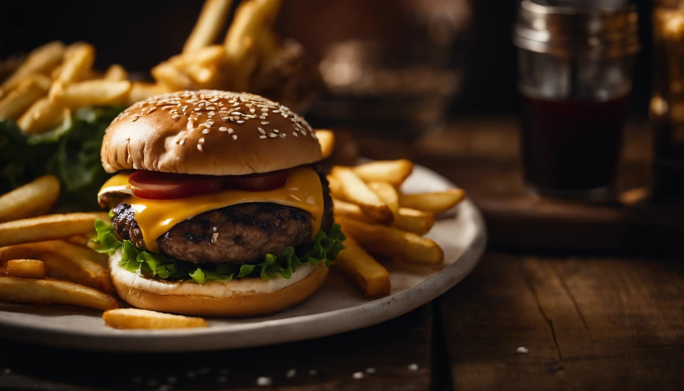 a top-down shot of a cheeseburger on a rustic wooden table, with sesame seeds sprinkled on the bun and a side of crispy golden fries, creating a classic American diner aesthetic