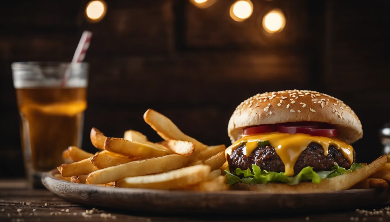 a top-down shot of a cheeseburger on a rustic wooden table, with sesame seeds sprinkled on the bun and a side of crispy golden fries, creating a classic American diner aesthetic