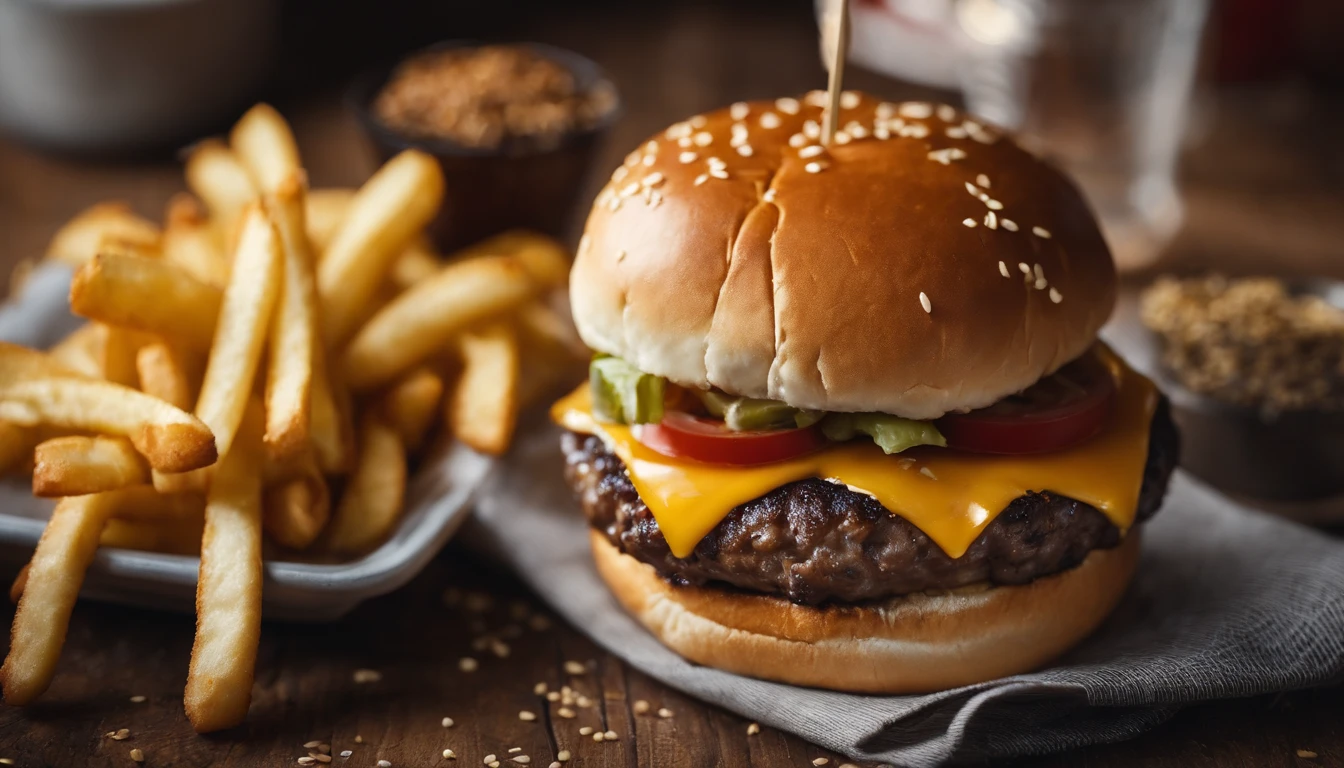 a top-down shot of a cheeseburger on a rustic wooden table, with sesame seeds sprinkled on the bun and a side of crispy golden fries, creating a classic American diner aesthetic