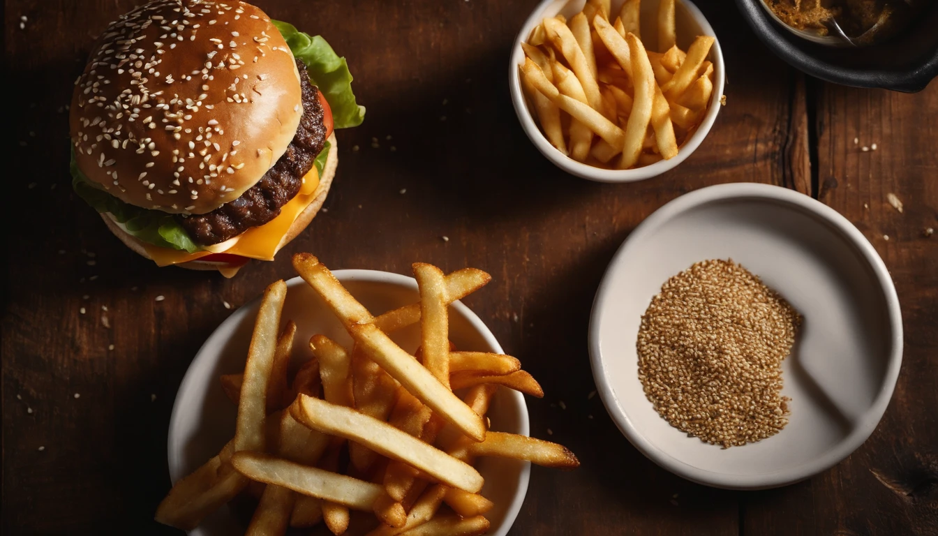 a top-down shot of a cheeseburger on a rustic wooden table, with sesame seeds sprinkled on the bun and a side of crispy golden fries, creating a classic American diner aesthetic