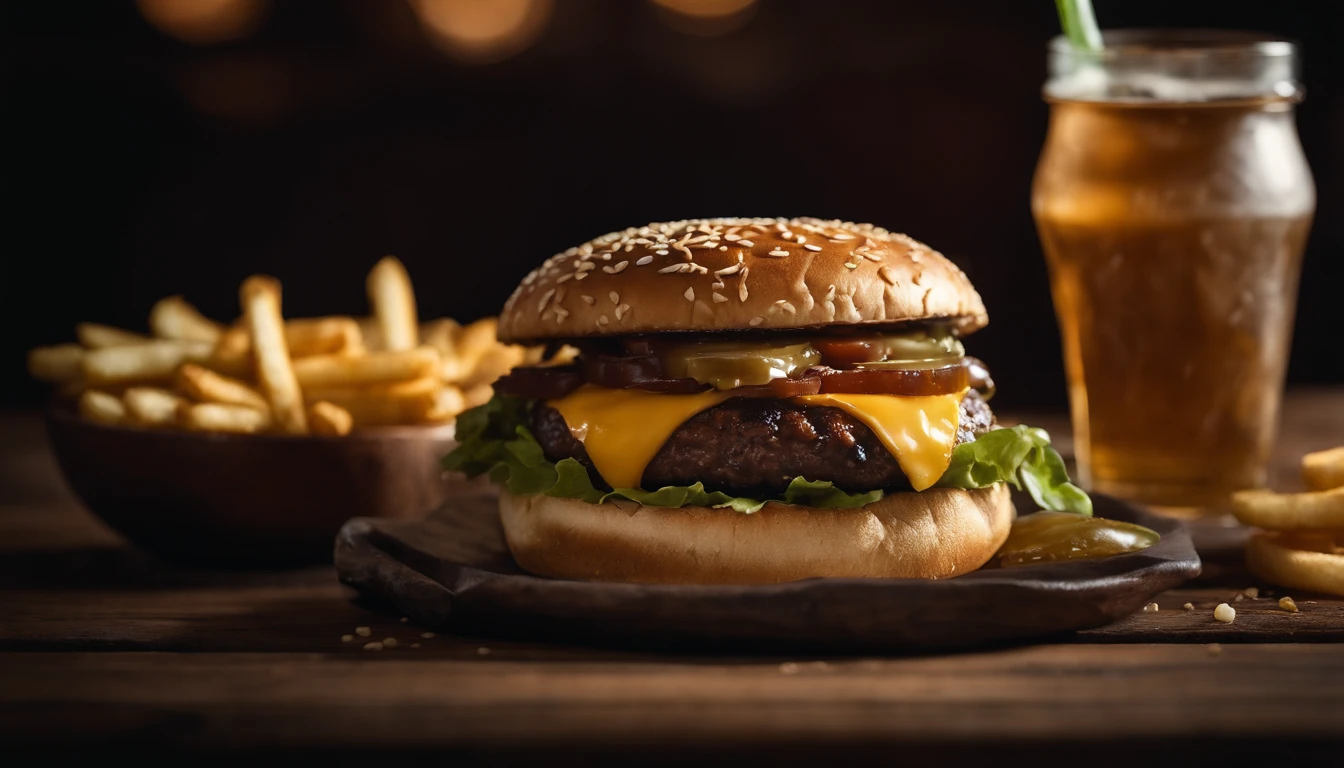 a top-down shot of a cheeseburger on a rustic wooden table, with sesame seeds sprinkled on the bun and a side of crispy golden fries, creating a classic American diner aesthetic