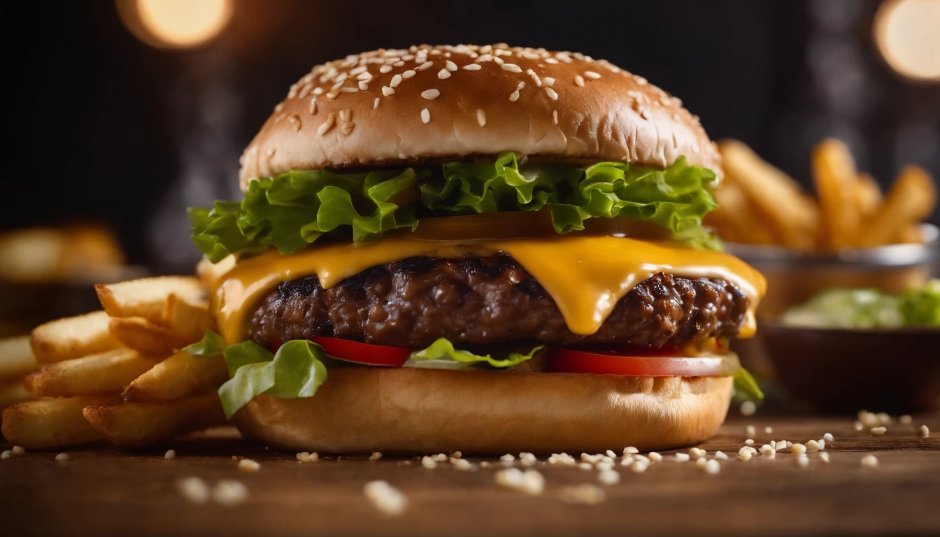 a top-down shot of a cheeseburger on a rustic wooden table, with sesame seeds sprinkled on the bun and a side of crispy golden fries, creating a classic American diner aesthetic