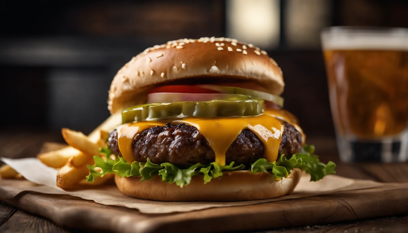 a top-down shot of a cheeseburger on a rustic wooden table, with sesame seeds sprinkled on the bun and a side of crispy golden fries, creating a classic American diner aesthetic