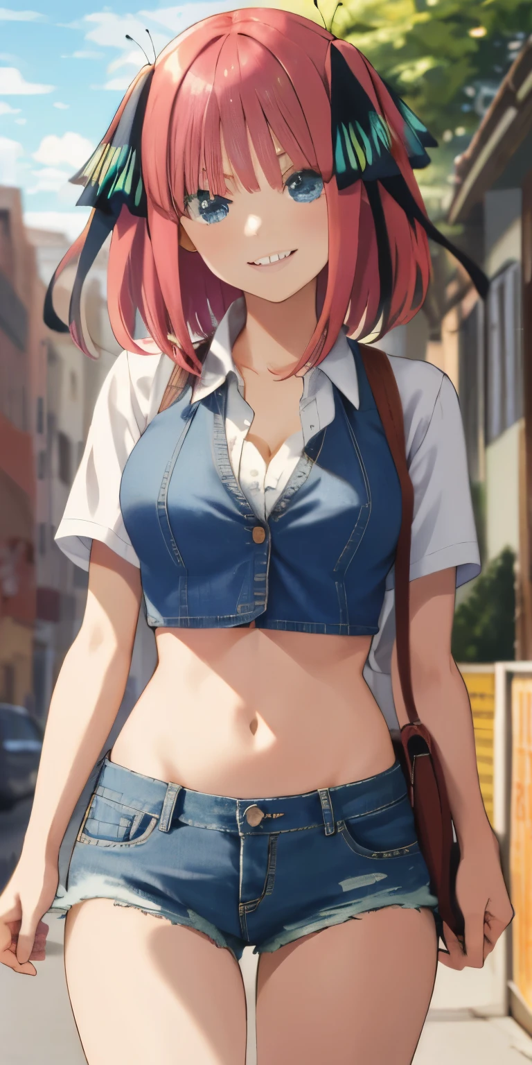 2d, masterpiece, best quality, anime, highly detailed, 1girl, solo, cowboy shot, nakano nino, pink hair, butterfly hair ornament, crop top , cleavage, Denim shorts , medium breasts, standing, school, outdoors, smile