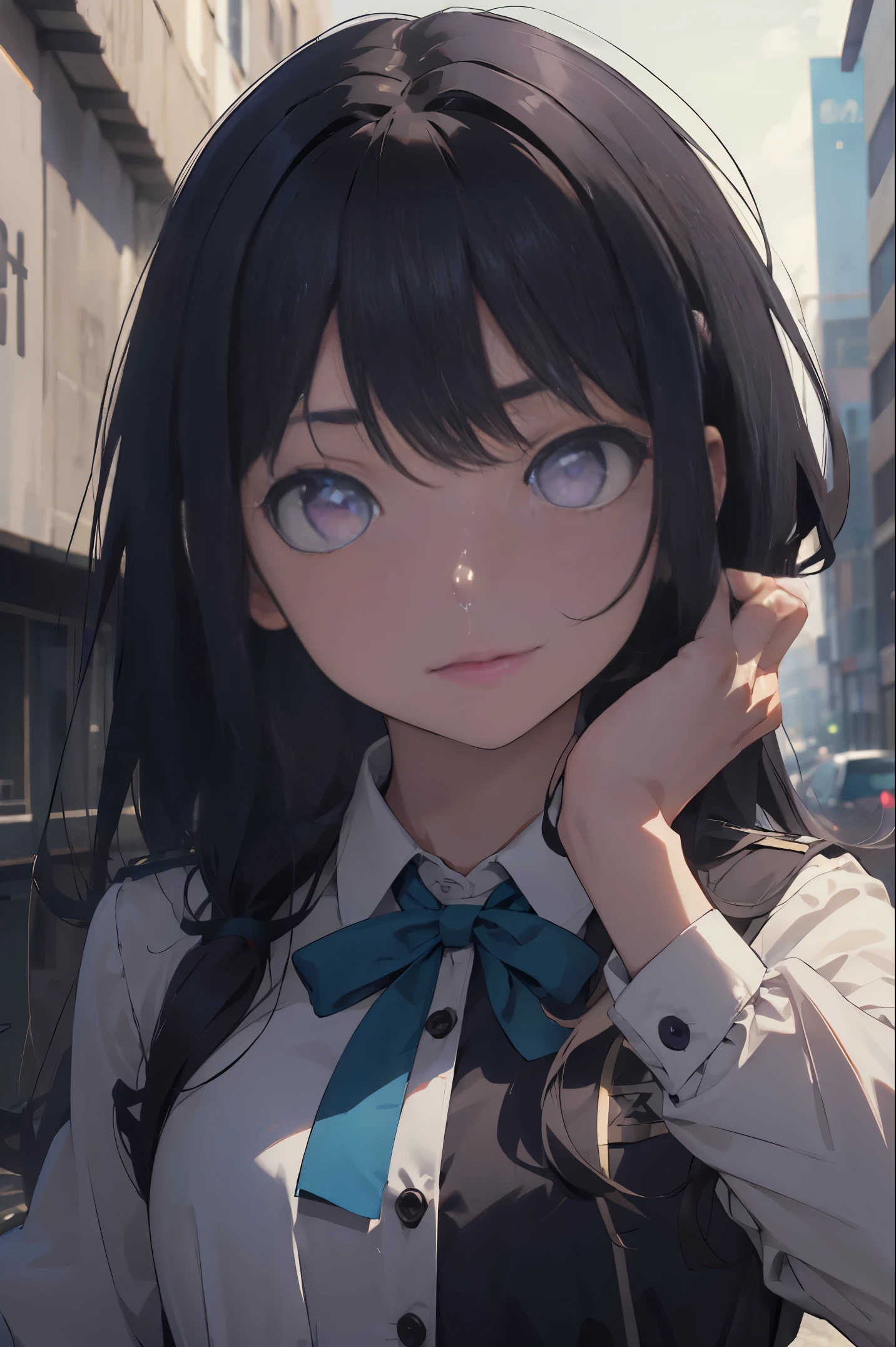 takinainoue, inoue takina, long hair, bangs, black hair, (purple eyes:1.2), BREAK shirt, long sleeves, dress, ribbon, school uniform, white shirt, collared shirt, belt, neck ribbon, blue dress, green ribbon, pleated dress, grey dress, two-tone dress, blue belt, lycoris uniform, BREAK outdoors, city, BREAK (masterpiece:1.2), best quality, high resolution, unity 8k wallpaper, (illustration:0.8), (beautiful detailed eyes:1.6), extremely detailed face, perfect lighting, extremely detailed CG, (perfect hands, perfect anatomy),