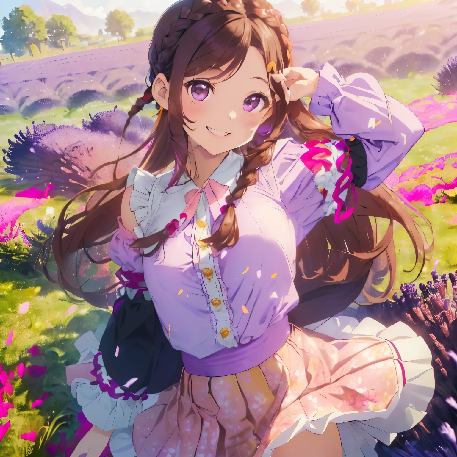 ((Brown hair)),((Braided shorthair)),((With black eyes)),Slight red tide,(refreshing floral blouse:1.3),(flered skirt:1.3),(Skirts with ruffles:1.25),(The hem of the skirt is long enough to reach the ground:1.3),(shortsleeves:1.4),(Accessories and hair ornaments with flower motifs),(light purple lavender field:1.5),Kamimei,(Delicious looking face:1.35),(Petals sway in the wind and dance:1.25),(Happy smile),(huge smile:1.25),(The colors of the clothes are white, pink, red, and yellow.:1.45),(Jump on the fly:1.4)